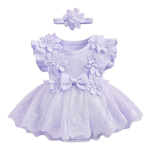 Newborn Baby Girls' 2pc Summer Set: Lace Romper Dress with Bowknot Headband