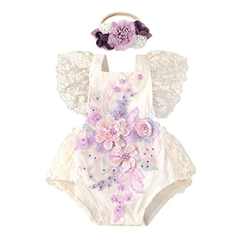 Floral Lace Ruffle Sleeve Backless Baby Girl Romper Dress Outfit