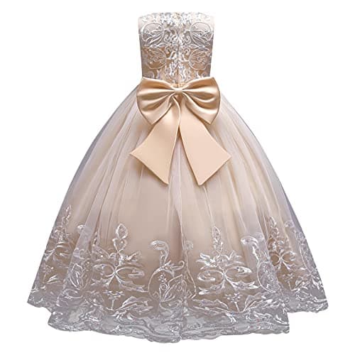 IDOPIP Kids' Flower Girl Lace Formal Long Tulle Dress for Weddings Bridesmaids