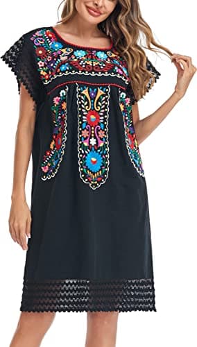 YZXDORWJ Women's Embroidered Mexican Peasant Lace Short Sleeve Dress