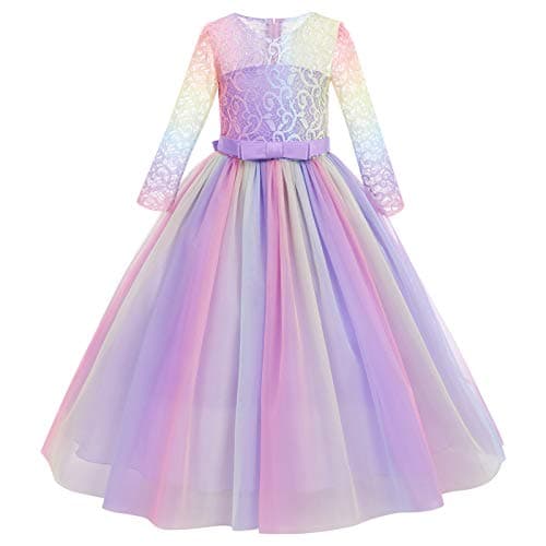 IBTOM CASTLE Girls' Flower Floral Lace 3/4 Sleeve Floor-Length Wedding Party Dress