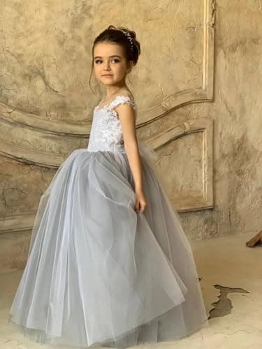 Zikusel Lace Applique Tulle Flower Girl Wedding Dress V-Back Satin Bow Knot