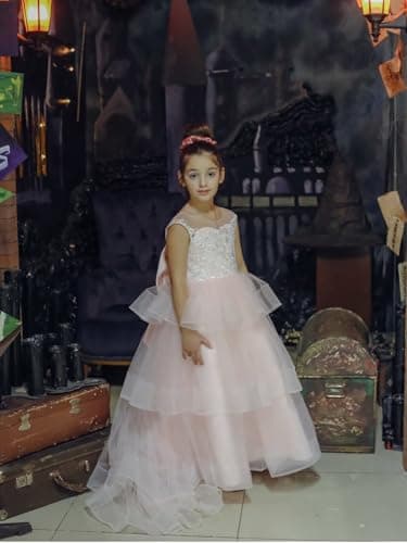 Zikusel Lace Applique Flower Girl Tiered Tulle Wedding Dress
