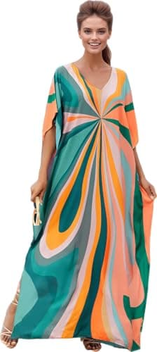 RanRui Ethnic Floral Kaftan Dress for Women Boho Swim Cover-Up