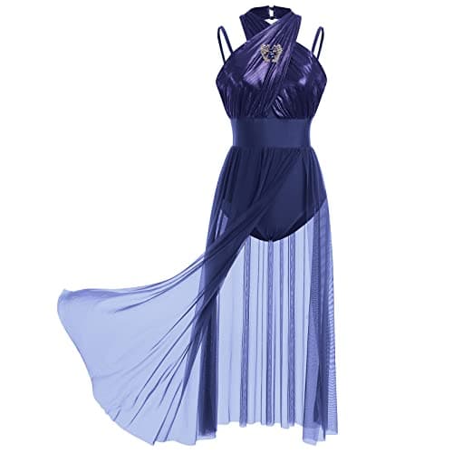 Women's Lyrical Dance Costume with Shiny Criss Cross Straps and Tulle Long Dress