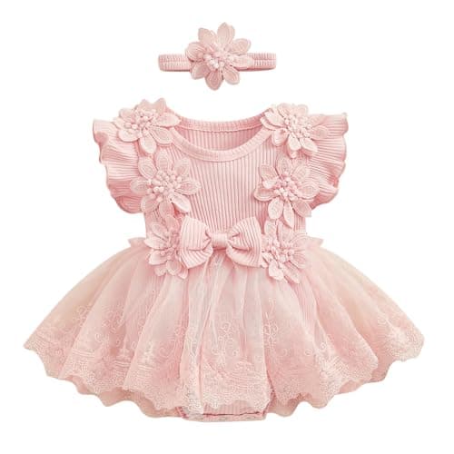 Newborn Baby Girls' 2pc Summer Set: Lace Romper Dress with Bowknot Headband