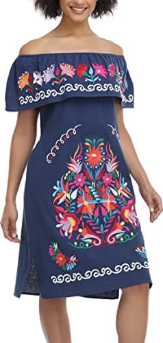 YZXDORWJ Women's Mexican Embroidered Ruffle Collar Dress