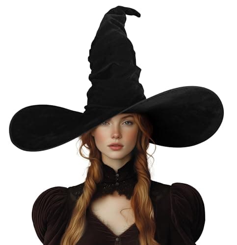 VZQI Black Witch Hat for Women Adult 24-inch Large Ruched Halloween Hat