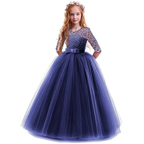 IBTOM CASTLE Girls' Flower Floral Lace 3/4 Sleeve Floor-Length Wedding Party Dress