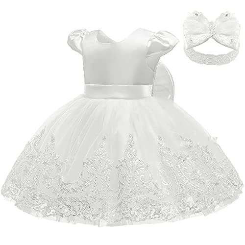 3M-3T Toddler Girls Formal Flower Girl Wedding Dress with Embroidered Lace & Headwear