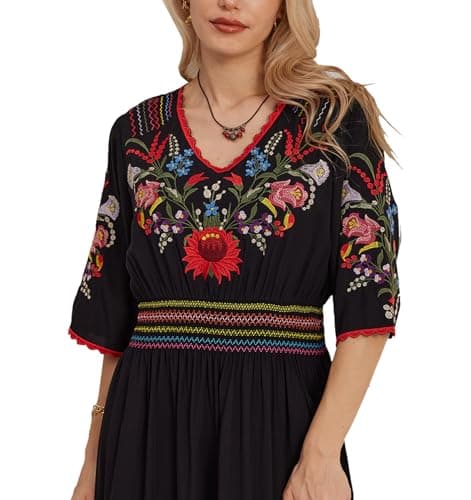 Higustar Mexican Embroidered Midi Floral Boho Dress for Women