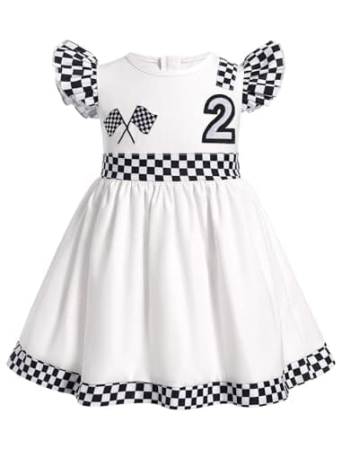ODASDO Kids' Checkerboard Flutter Sleeve Racing Car Birthday Outfit