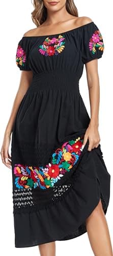 YZXDORWJ Women's Mexican Floral Embroidered Maxi Dress