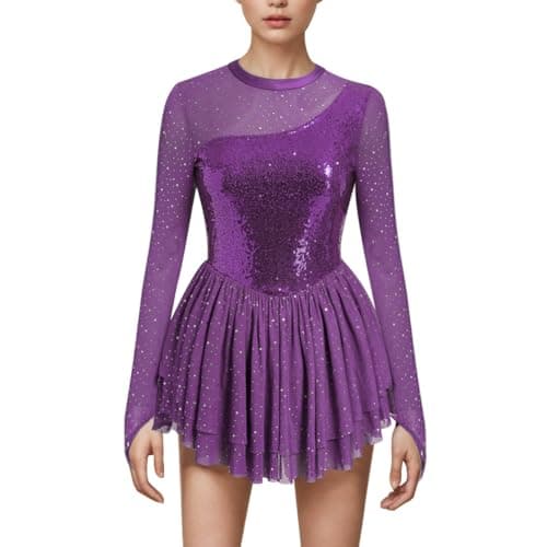 ODASDO Women's Sparkly Mesh Long Sleeve Figure Skating Leotard with Rhinestones Skirt
