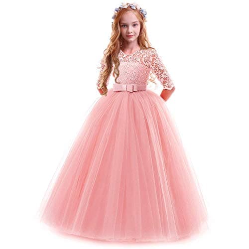 IBTOM CASTLE Girls' Flower Floral Lace 3/4 Sleeve Floor-Length Wedding Party Dress