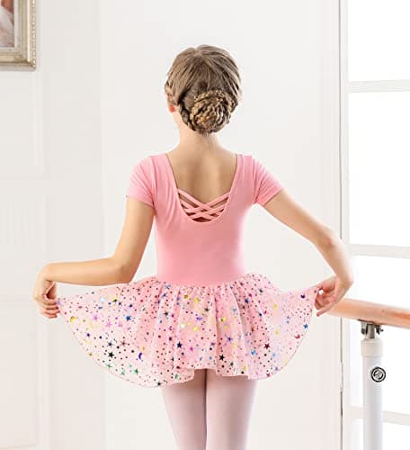 WYHDY Girls' Shiny Ballet Leotards with Hollow Crisscross Back Short Sleeve