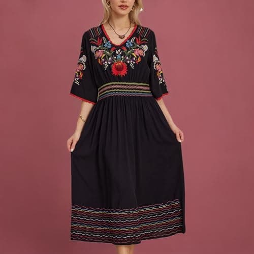 Higustar Mexican Embroidered Midi Floral Boho Dress for Women