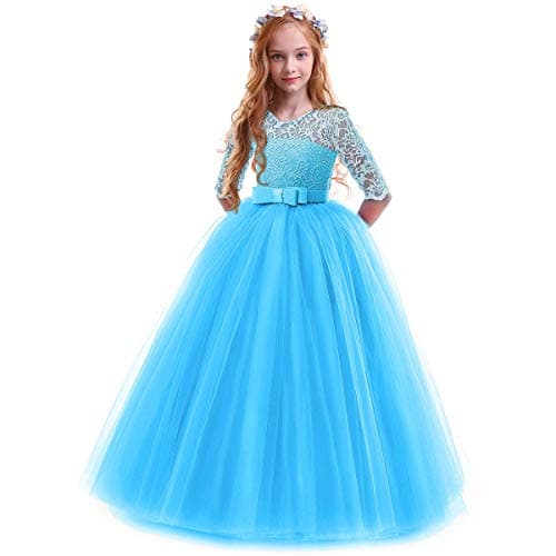 IBTOM CASTLE Girls' Flower Floral Lace 3/4 Sleeve Floor-Length Wedding Party Dress