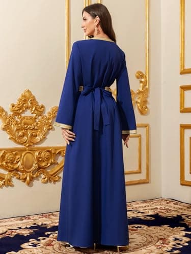 Abaowedding Elegant Royal Blue Muslim Robe with Gold Trim