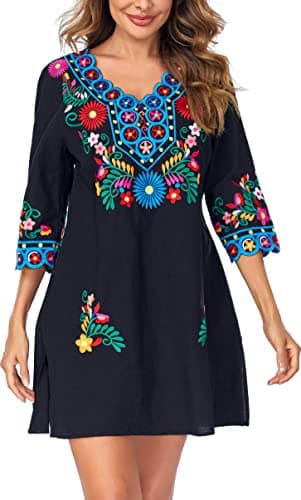 YZXDORWJ Women's Embroidered Mexican V-Neck Floral Long Sleeve Dress