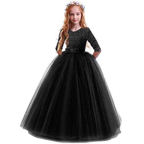 IBTOM CASTLE Girls' Flower Floral Lace 3/4 Sleeve Floor-Length Wedding Party Dress