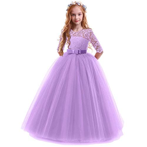 IBTOM CASTLE Girls' Flower Floral Lace 3/4 Sleeve Floor-Length Wedding Party Dress