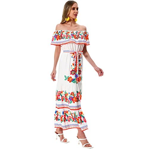 Mexican Floral Print Off Shoulder Maxi Dress for Women