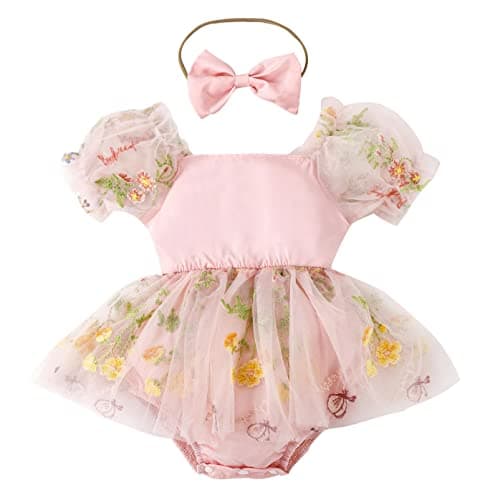 Baby Girls Birthday Party Dress with Flower Embroidery Short Sleeve Sundress and Headband
