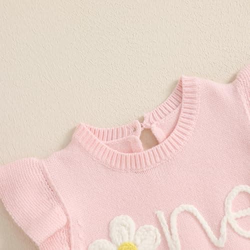 SYOKUP First Birthday Girl Romper Floral Embroidered Crochet Knit Outfit