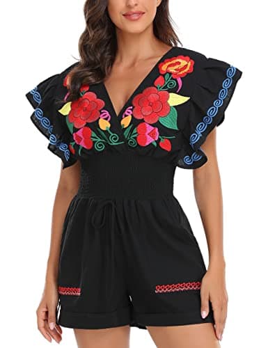 YZXDORWJ Women's Mexican Embroidered Floral V-Neck Butterfly Sleeve Jumpsuit