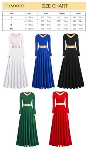 ELLYDOOR Women's Long Sleeve Metallic Gold Praise Dance Dress Liturgical Worship Costume