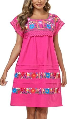 YZXDORWJ Women's Embroidered Mexican Peasant Lace Short Sleeve Dress
