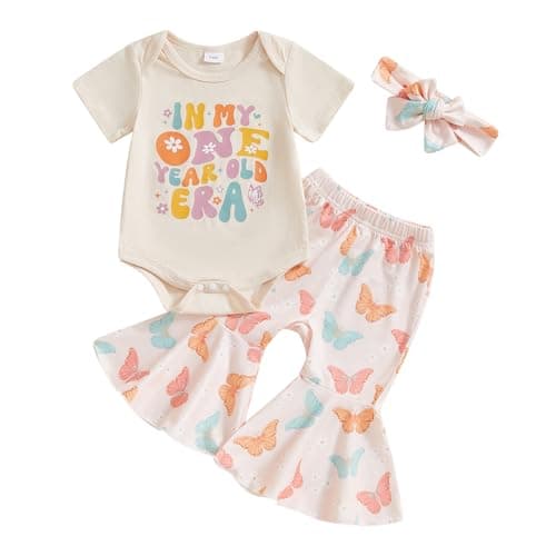 Lamuusaa Toddler Girl Birthday Outfit: Flared Pants & Headband Romper/T-shirt