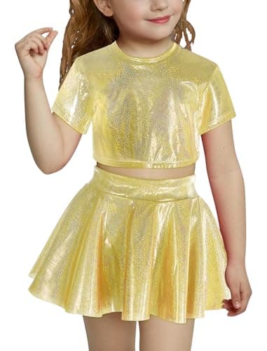 ODASDO Shiny Metallic Crop Top & Pleated Skirt Set for Girls Performance Dancewear