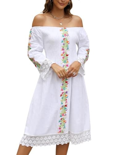 Vackutliv Mexican Embroidered Traditional Fiesta Dress Styles Long Sleeve Flower Patterns