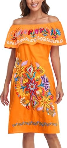 YZXDORWJ Women's Mexican Embroidered Ruffle Collar Dress