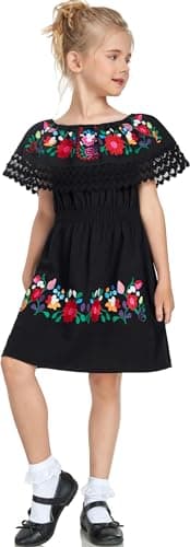 YZXDORWJ Mexican Embroidered Cinco de Mayo Floral Dress for Girls