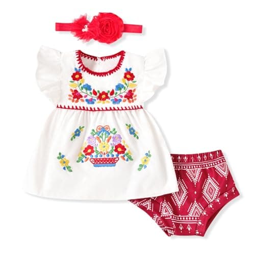 HINTINA Newborn Girl Embroidered Mexican Dress & Shorts Set
