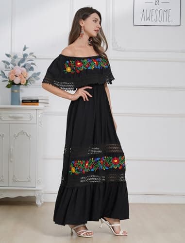 IKADEX Women's Floral Embroidered Off-Shoulder Maxi DressSummer Beach Party