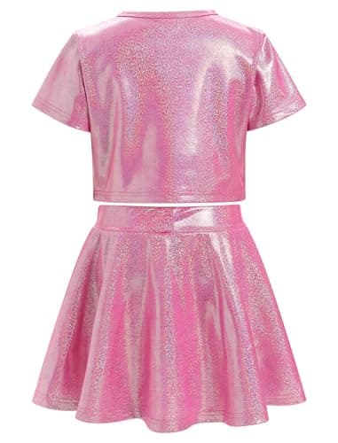ODASDO Shiny Metallic Crop Top & Pleated Skirt Set for Girls Performance Dancewear