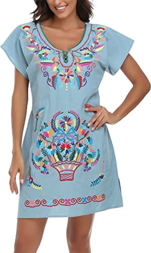 YZXDORWJ Women's Mexican V-Neck Fiesta Dress with Short Sleeves