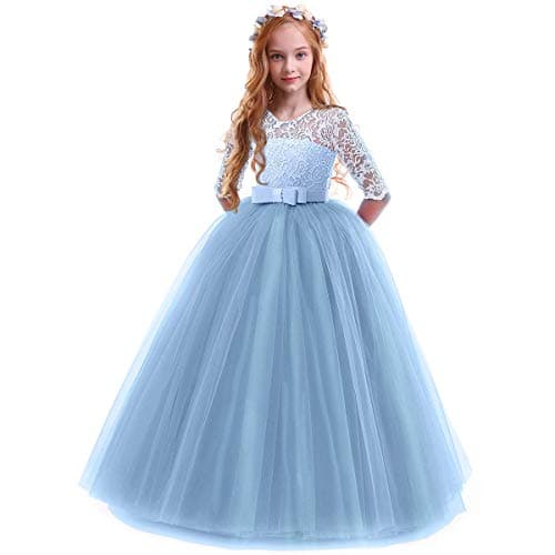 IBTOM CASTLE Girls' Flower Floral Lace 3/4 Sleeve Floor-Length Wedding Party Dress