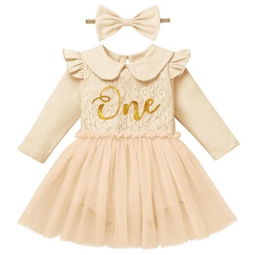 ODASDO Baby Girl First Birthday Lace Floral Cotton Tutu Dress with Headband