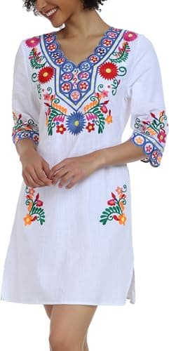 YZXDORWJ Women's Embroidered Mexican V-Neck Floral Long Sleeve Dress