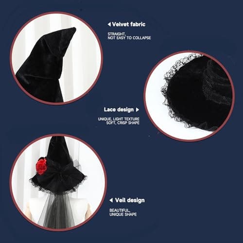KIHOARL Baroque Gothic Rose Lace Pointed Witch Hat Velvet Masquerade Cosplay Accessory
