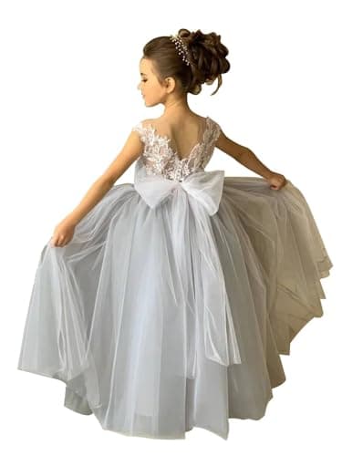 Zikusel Lace Applique Tulle Flower Girl Wedding Dress V-Back Satin Bow Knot