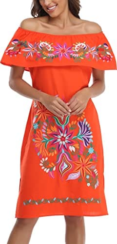 YZXDORWJ Women's Mexican Embroidered Ruffle Collar Dress