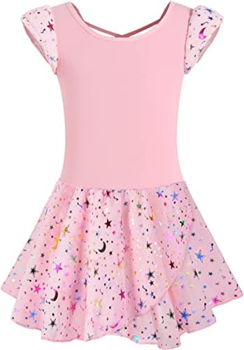 DANSHOW Shiny Ruffle Sleeve Ballet Leotard for Girls Toddler Dance Skirted Tutu Dress