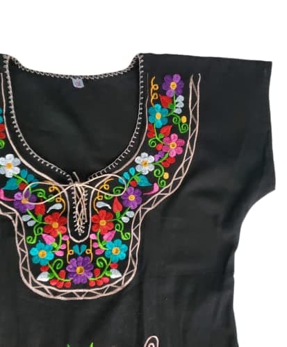 Puerta21 Authentic Mexican Embroidered Long Sleeve Dress (M, Black and Colors)