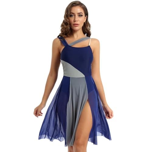CochOn Navy Blue Modern Lyrical Dance Dress Maxi Sheer Mesh Overlay